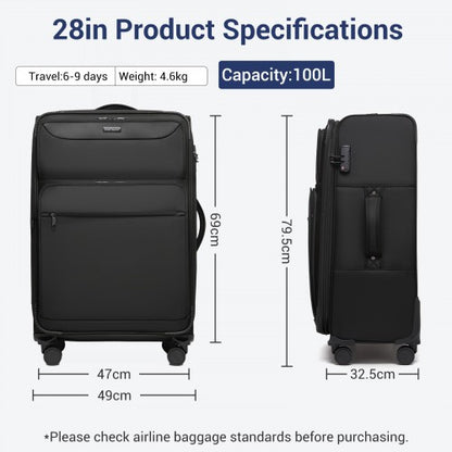 KSB2582 - British Traveller 28-Inch Large Expandable Softshell Suitcase with TSA Lock, Silent Spinner Wheels & Laptop Compartment - Black