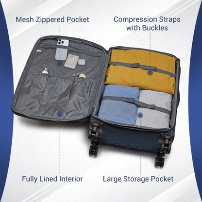 KSB2582 - British Traveller 20-Inch Durable Softshell Suitcase with Front Laptop Compartment, TSA Lock & Silent Spinner Wheels - Navy