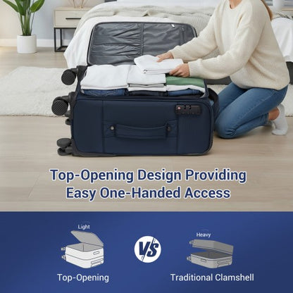 KSB2582 - British Traveller 20-Inch Durable Softshell Suitcase with Front Laptop Compartment, TSA Lock & Silent Spinner Wheels - Navy