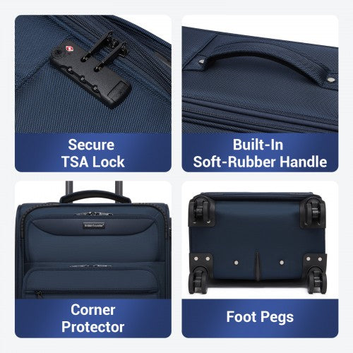KSB2582 - British Traveller 20-Inch Durable Softshell Suitcase with Front Laptop Compartment, TSA Lock & Silent Spinner Wheels - Navy