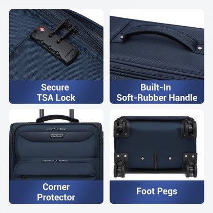 KSB2582 - British Traveller 20-Inch Durable Softshell Suitcase with Front Laptop Compartment, TSA Lock & Silent Spinner Wheels - Navy