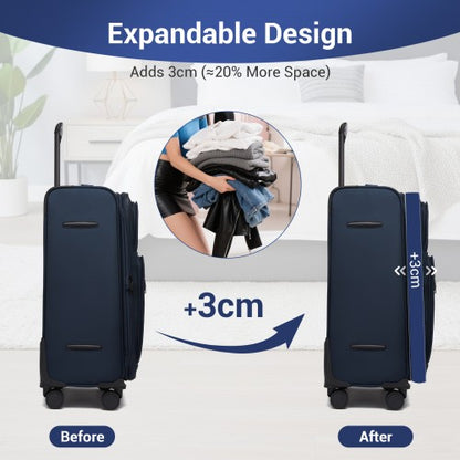 KSB2582 - British Traveller 24-Inch Expandable Softshell Suitcase with TSA Lock, Silent Spinner Wheels & Laptop Compartment - Navy