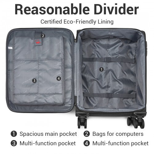 KSB2597 - British Traveller Sleek Tough 20 Inch Travel Soft-Shell Suitcase with Silent TPE Spinners, TSA Security and Laptop Sleeve - Black