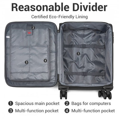 KSB2597 - British Traveller Sleek Tough 3-Piece Travel Soft-Shell Suitcase with Silent TPE Spinners, TSA Security and Expandable Checked Sizes - Black