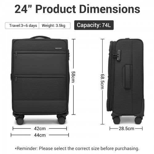 KSB2597 - British Traveller Sleek Tough 24 Inch Travel Soft-Shell Suitcase with Silent TPE Spinners, TSA Security and Expandable Capacity - Black