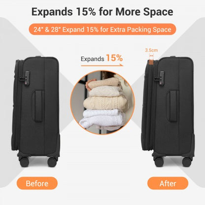 KSB2597 - British Traveller Sleek Tough 3-Piece Travel Soft-Shell Suitcase with Silent TPE Spinners, TSA Security and Expandable Checked Sizes - Black