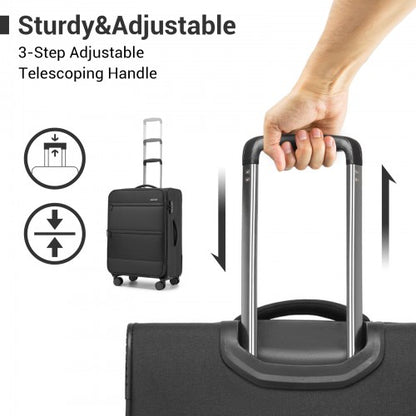 KSB2597 - British Traveller Sleek Tough 3-Piece Travel Soft-Shell Suitcase with Silent TPE Spinners, TSA Security and Expandable Checked Sizes - Black