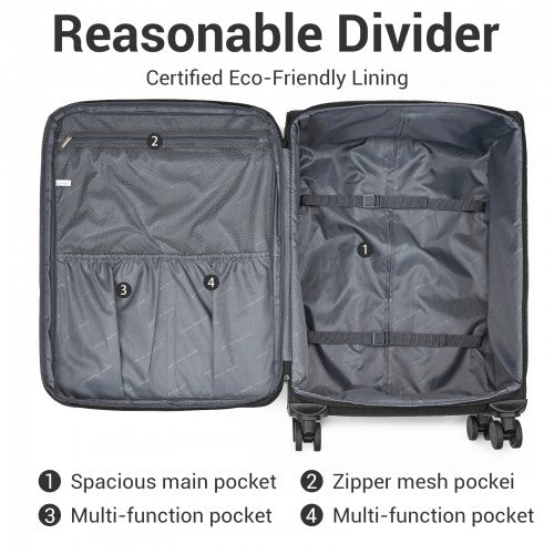 KSB2597 - British Traveller Sleek Tough 28 Inch Travel Soft-Shell Suitcase with Silent TPE Spinners, TSA Security and Expandable Capacity - Black