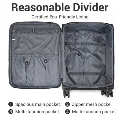 KSB2597 - British Traveller Sleek Tough 3-Piece Travel Soft-Shell Suitcase with Silent TPE Spinners, TSA Security and Expandable Checked Sizes - Black