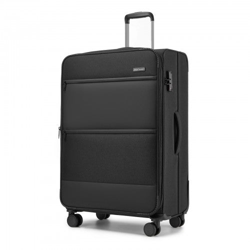 KSB2597 - British Traveller Sleek Tough 28 Inch Travel Soft-Shell Suitcase with Silent TPE Spinners, TSA Security and Expandable Capacity - Black