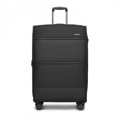 KSB2597 - British Traveller Sleek Tough 3-Piece Travel Soft-Shell Suitcase with Silent TPE Spinners, TSA Security and Expandable Checked Sizes - Black