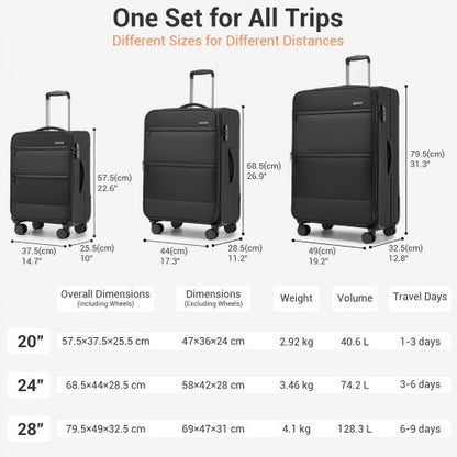 KSB2597 - British Traveller Sleek Tough 3-Piece Travel Soft-Shell Suitcase with Silent TPE Spinners, TSA Security and Expandable Checked Sizes - Black