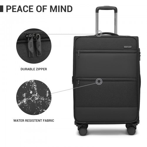 KSB2597 - British Traveller Sleek Tough 24 Inch Travel Soft-Shell Suitcase with Silent TPE Spinners, TSA Security and Expandable Capacity - Black