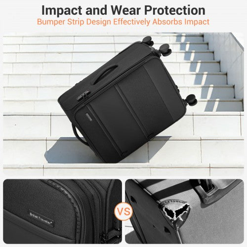 KSB2597 - British Traveller Sleek Tough 3-Piece Travel Soft-Shell Suitcase with Silent TPE Spinners, TSA Security and Expandable Checked Sizes - Black
