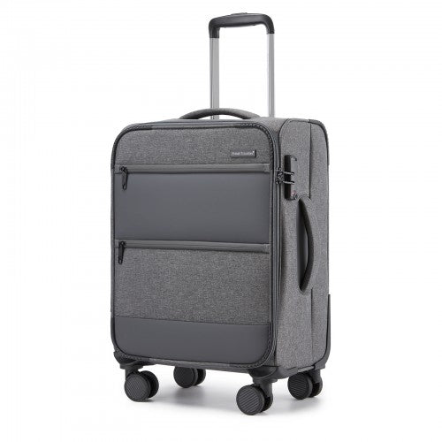KSB2597 - British Traveller Sleek Tough 20 Inch Travel Soft-Shell Suitcase with Silent TPE Spinners, TSA Security and Laptop Sleeve - Grey