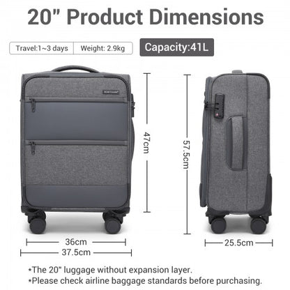 KSB2597 - British Traveller Sleek Tough 20 Inch Travel Soft-Shell Suitcase with Silent TPE Spinners, TSA Security and Laptop Sleeve - Grey