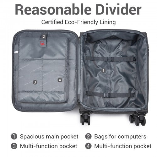 KSB2597 - British Traveller Sleek Tough 3-Piece Travel Soft-Shell Suitcase with Silent TPE Spinners, TSA Security and Expandable Checked Sizes - Grey