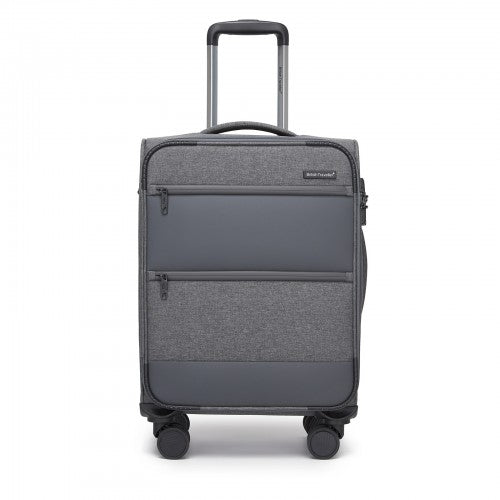 KSB2597 - British Traveller Sleek Tough 20 Inch Travel Soft-Shell Suitcase with Silent TPE Spinners, TSA Security and Laptop Sleeve - Grey
