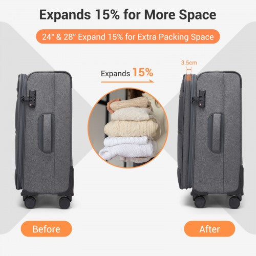 KSB2597 - British Traveller Sleek Tough 24 Inch Travel Soft-Shell Suitcase with Silent TPE Spinners, TSA Security and Expandable Capacity - Grey