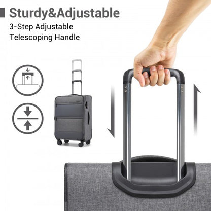 KSB2597 - British Traveller Sleek Tough 24 Inch Travel Soft-Shell Suitcase with Silent TPE Spinners, TSA Security and Expandable Capacity - Grey
