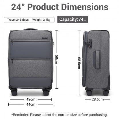 KSB2597 - British Traveller Sleek Tough 24 Inch Travel Soft-Shell Suitcase with Silent TPE Spinners, TSA Security and Expandable Capacity - Grey