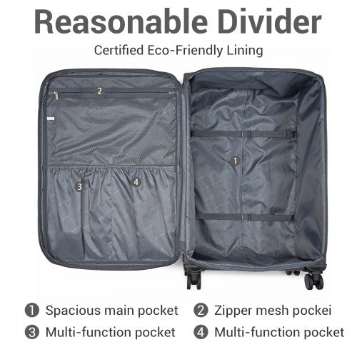 KSB2597 - British Traveller Sleek Tough 24 Inch Travel Soft-Shell Suitcase with Silent TPE Spinners, TSA Security and Expandable Capacity - Grey