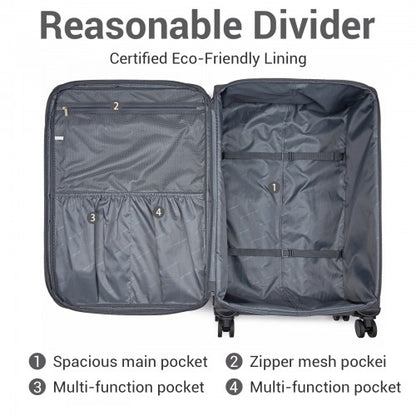 KSB2597 - British Traveller Sleek Tough 3-Piece Travel Soft-Shell Suitcase with Silent TPE Spinners, TSA Security and Expandable Checked Sizes - Grey