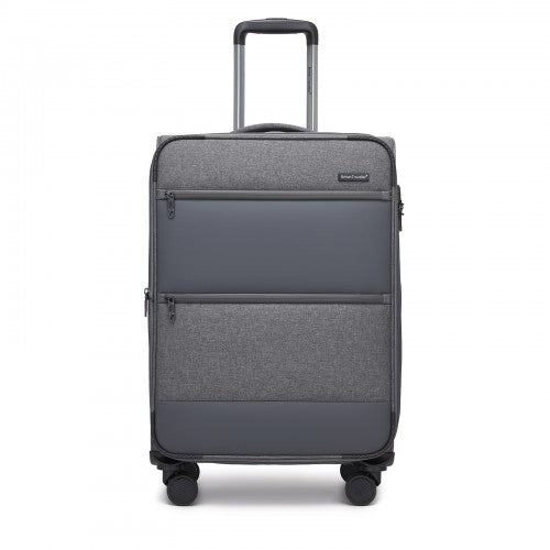 KSB2597 - British Traveller Sleek Tough 24 Inch Travel Soft-Shell Suitcase with Silent TPE Spinners, TSA Security and Expandable Capacity - Grey