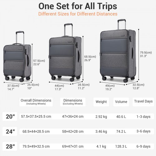 KSB2597 - British Traveller Sleek Tough 3-Piece Travel Soft-Shell Suitcase with Silent TPE Spinners, TSA Security and Expandable Checked Sizes - Grey