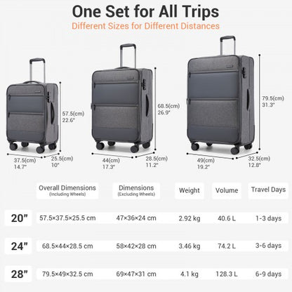 KSB2597 - British Traveller Sleek Tough 3-Piece Travel Soft-Shell Suitcase with Silent TPE Spinners, TSA Security and Expandable Checked Sizes - Grey