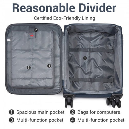 KSB2597 - British Traveller Sleek Tough 20 Inch Travel Soft-Shell Suitcase with Silent TPE Spinners, TSA Security and Laptop Sleeve - Navy