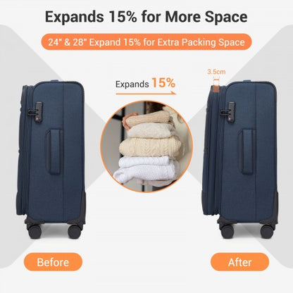 KSB2597 - British Traveller Sleek Tough 24 Inch Travel Soft-Shell Suitcase with Silent TPE Spinners, TSA Security and Expandable Capacity - Navy