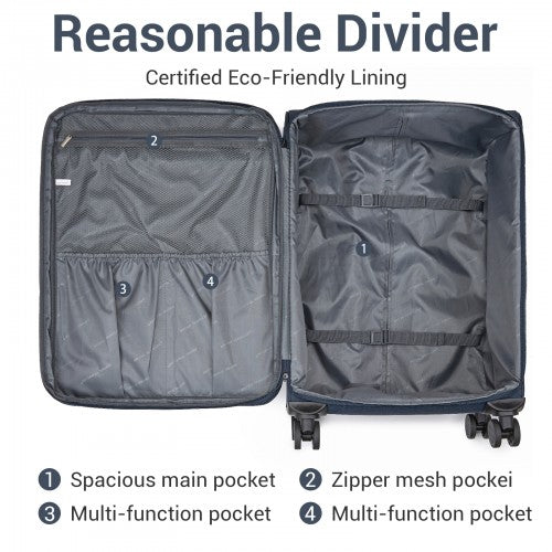 KSB2597 - British Traveller Sleek Tough 24 Inch Travel Soft-Shell Suitcase with Silent TPE Spinners, TSA Security and Expandable Capacity - Navy