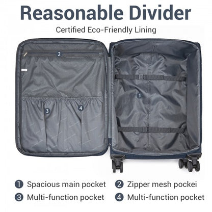 KSB2597 - British Traveller Sleek Tough 24 Inch Travel Soft-Shell Suitcase with Silent TPE Spinners, TSA Security and Expandable Capacity - Navy