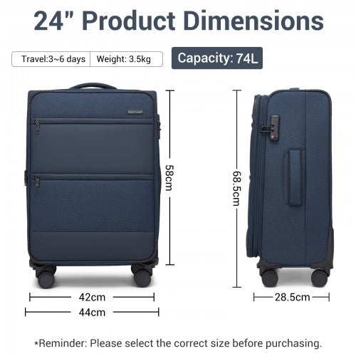 KSB2597 - British Traveller Sleek Tough 24 Inch Travel Soft-Shell Suitcase with Silent TPE Spinners, TSA Security and Expandable Capacity - Navy