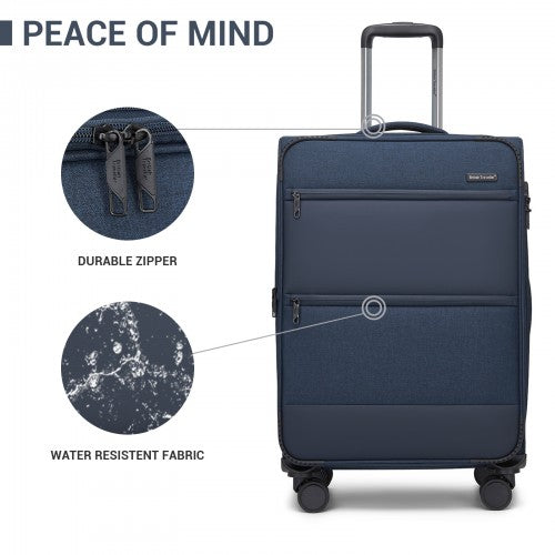 KSB2597 - British Traveller Sleek Tough 20 Inch Travel Soft-Shell Suitcase with Silent TPE Spinners, TSA Security and Laptop Sleeve - Navy