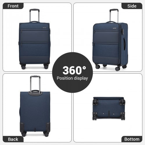 KSB2597 - British Traveller Sleek Tough 3-Piece Travel Soft-Shell Suitcase with Silent TPE Spinners, TSA Security and Expandable Checked Sizes - Navy