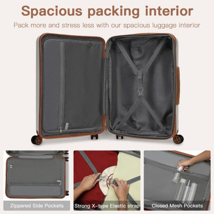 KSK2482 - Kono 24 Inch Expandable Horizontal Engraved Hard Shell ABS+PC Check-In Suitcase with TSA Lock - Cream