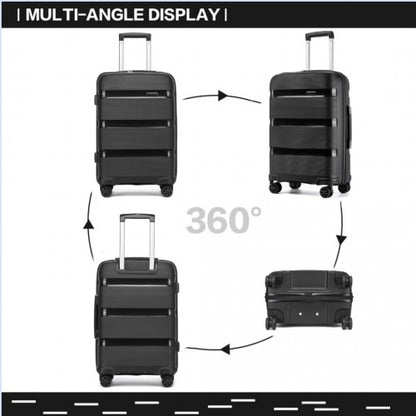 KSK2492 - Kono 3-Piece PP Hardshell Luggage Set–Durable Travel Suitcases with TSA Lock, 360° Spinner Wheels - Black