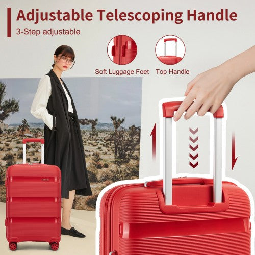 KSK2492 - Kono 19-Inch PP Hardshell Carry-On Suitcase–Lightweight Cabin Luggage with TSA Lock, 360° Silent Spinner Wheels - Red