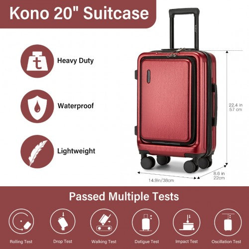 KSK2493 - Kono Durable ABS+PC 20 inch Carry-On Hardshell Suitcase with TSA Lock & Front Laptop Compartment - Burgundy