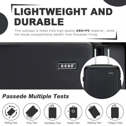 KSK2494 - Kono 20 Inch Cabin Size Minimalist Hard Shell ABS+PC Carry-On Suitcase with TSA Lock 360° Spinner Wheels - Black
