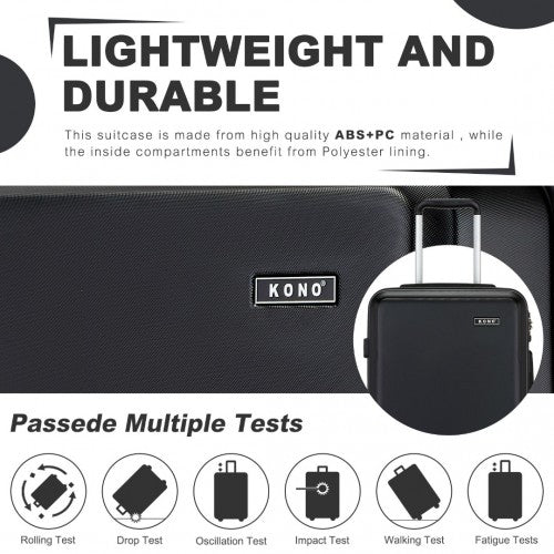 KSK2494 - Kono 3-Piece Minimalist Hard Shell ABS+PC Luggage Set with TSA Lock and 360° Spinner Wheels - Black