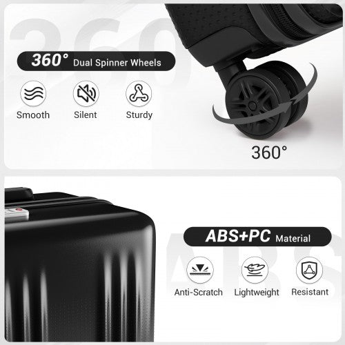 KSK2583 - Kono Premium ABS+PC 24 Inch Hard Shell Medium Check-In Luggage with TSA Lock & 360° Silent Spinner Wheels - Black