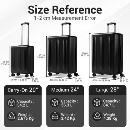 KSK2583 - Kono Premium ABS+PC 20 Inch Hard Shell Cabin Suitcase with TSA Lock and Smooth 360° Silent Spinner Wheels - Black