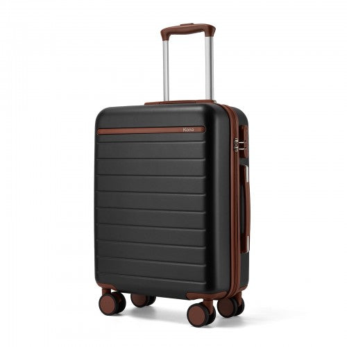 KSK2584 - Kono Scratch-Resistant 20-Inch Hard Shell Cabin Suitcase with Horizontal Stripe Design, Brown Accents & Spinner Wheels - Black and Brown