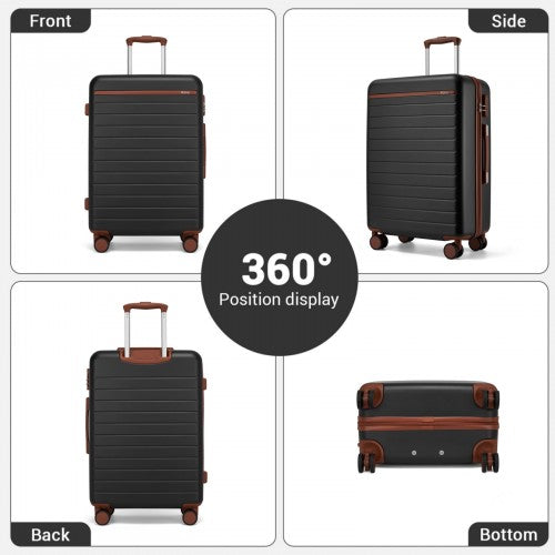 KSK2584 - Kono Scratch-Resistant 20-Inch Hard Shell Cabin Suitcase with Horizontal Stripe Design, Brown Accents & Spinner Wheels - Black and Brown