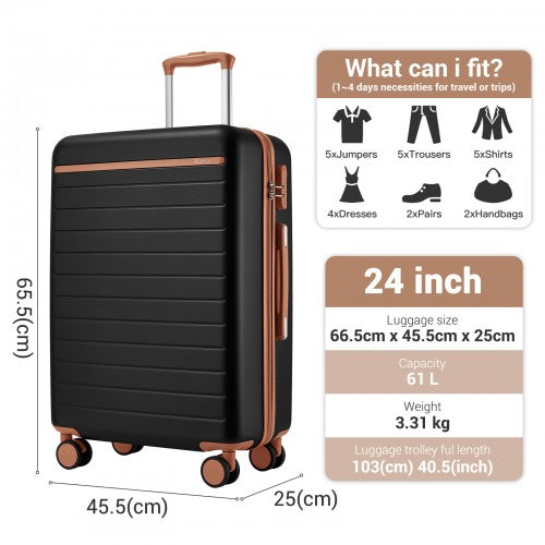 KSK2584 - Kono Scratch-Resistant 24-Inch Hard Shell Medium Check-In Suitcase with Horizontal Stripe Design, Brown Accents & Spinner Wheels - Black and Brown