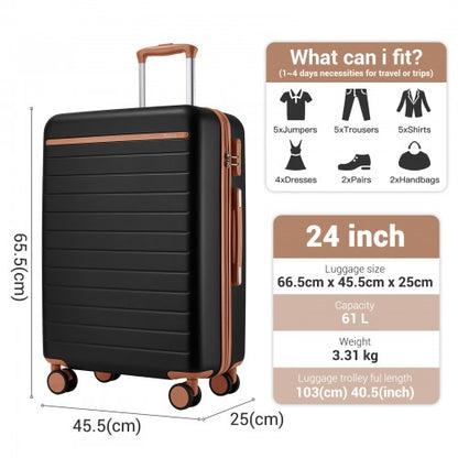 KSK2584 - Kono Scratch-Resistant 24-Inch Hard Shell Medium Check-In Suitcase with Horizontal Stripe Design, Brown Accents & Spinner Wheels - Black and Brown