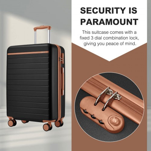 KSK2584 - Kono Scratch-Resistant 3-Piece Hard Shell Luggage Set with Horizontal Stripe Design, Brown Accents & Spinner Wheels - Black and Brown